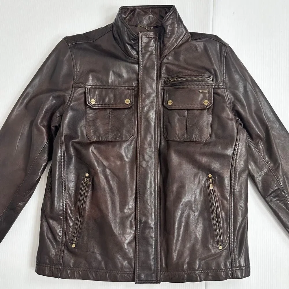 GUESS Brown Leather Moto Field Jacket XL – Genuine Leather – Rare 11PLA1001